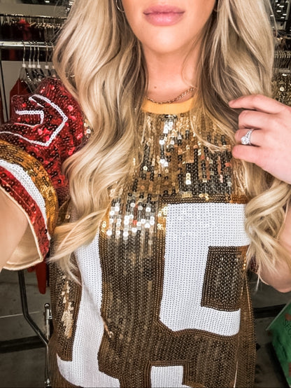 Mahomes Sequin Jersey Dress - Red & Gold