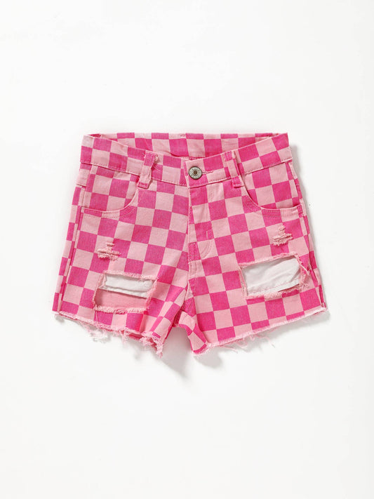 Girls Pink Checked Denim Shorts: 3T