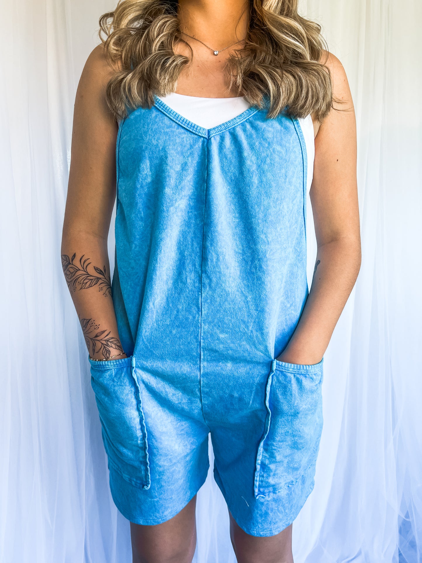 Mineral Wash French Terry Romper - Blue