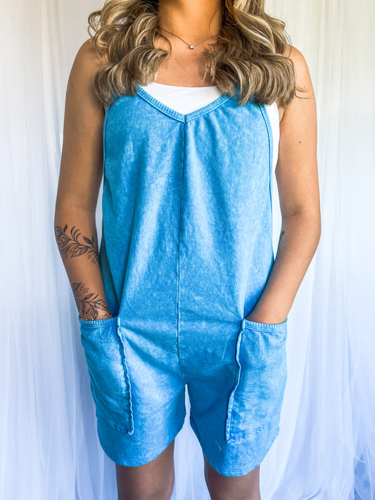 Mineral Wash French Terry Romper - Blue