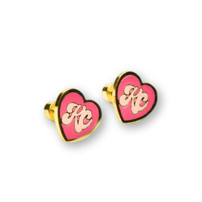 Kansas City KC Heart Script Enamel Stud Earrings | Pink