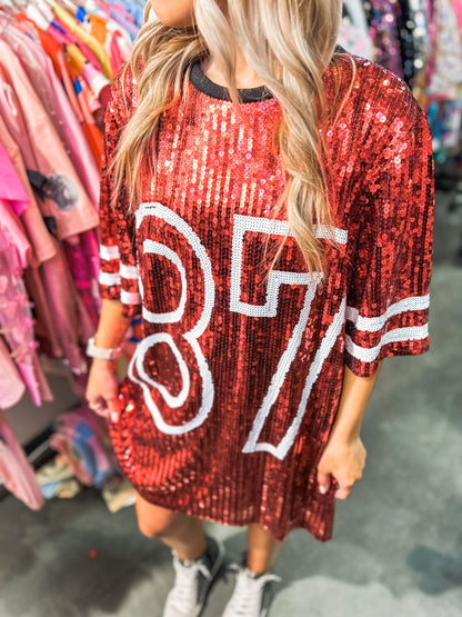 Kelce Born To Shine Sequin Dress Red - Sawyer + Co.