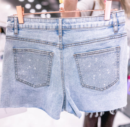 The Eras Studded Scatter Mid Rise Stretch Denim Shorts