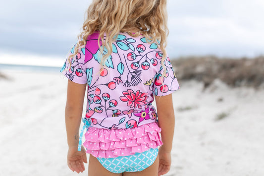 Kids Bright Pink & Teal Floral Rash Guard Ruffle Swimsuit: 12