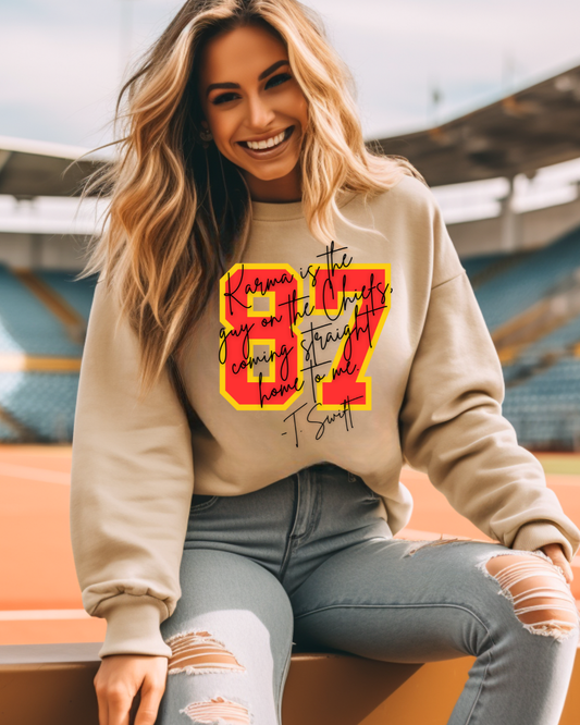 87 Karma Is The Guy On The Chiefs NFL X Taylor Crewneck Pull: Small / Sandstone